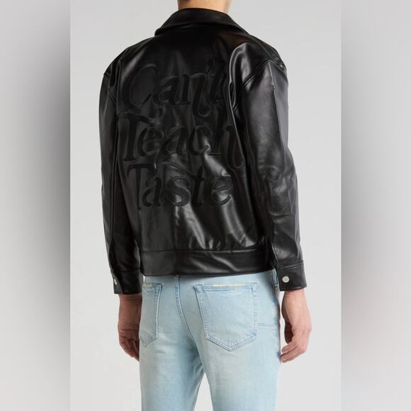 NWOT Diet Starts Monday Can’t Teach Taste Faux Leather Trucker Jacket Size L - Picture 1 of 11